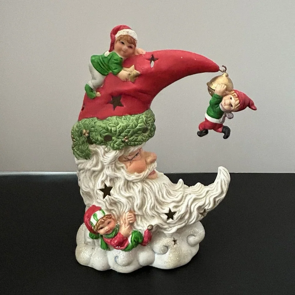 Light Up Ceramic Santa Moon Face With Elves‎ Christmas Decor Star Cutout
